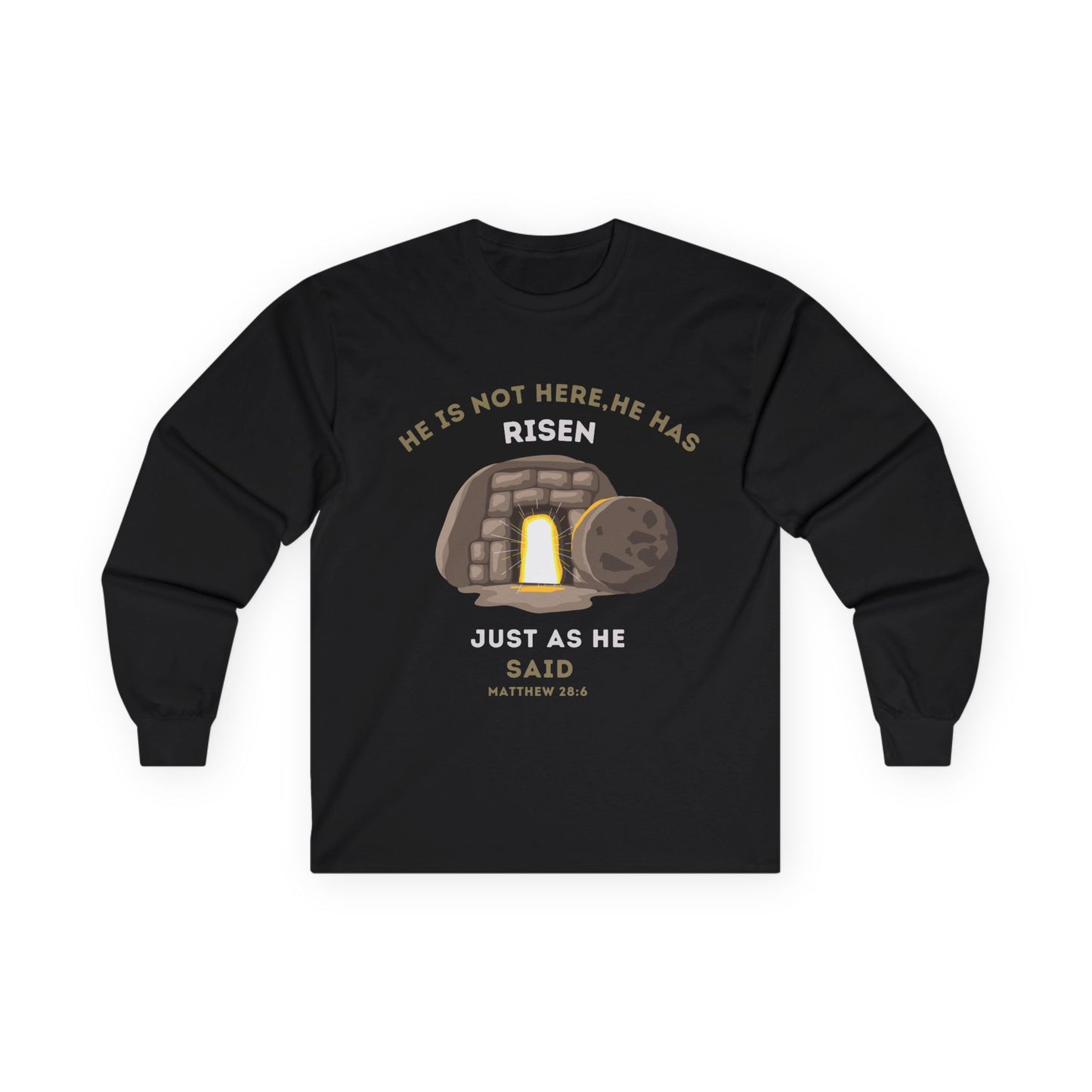 He Has Risen Christian Long Sleeve Shirt – Bible Verse Matthew 28:6 – Unisex Faith Tee
