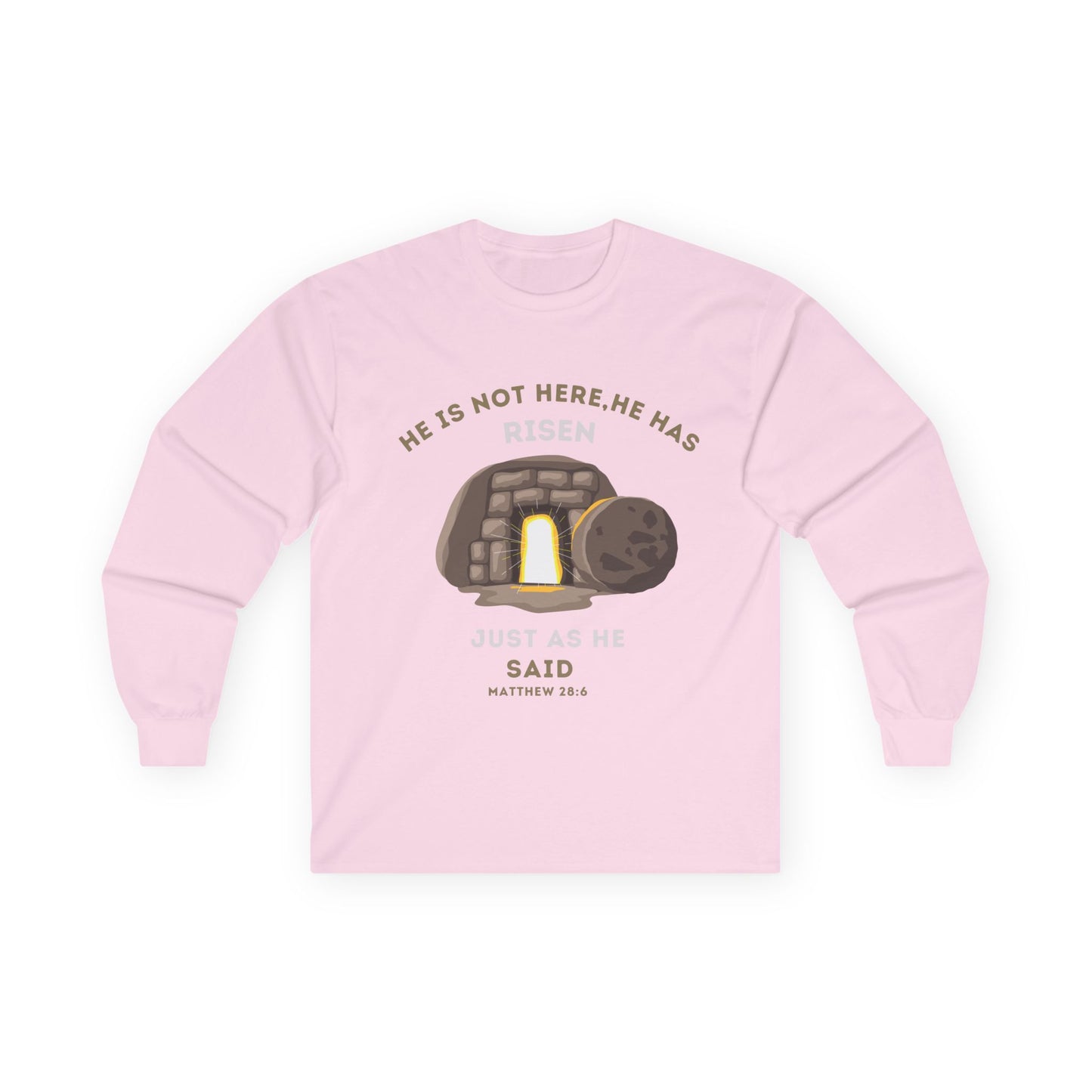 He Has Risen Christian Long Sleeve Shirt – Bible Verse Matthew 28:6 – Unisex Faith Tee