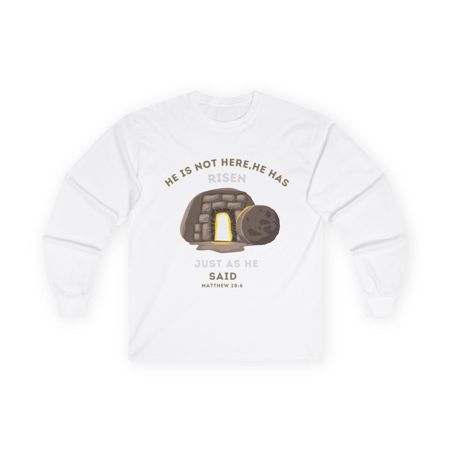He Has Risen Christian Long Sleeve Shirt – Bible Verse Matthew 28:6 – Unisex Faith Tee
