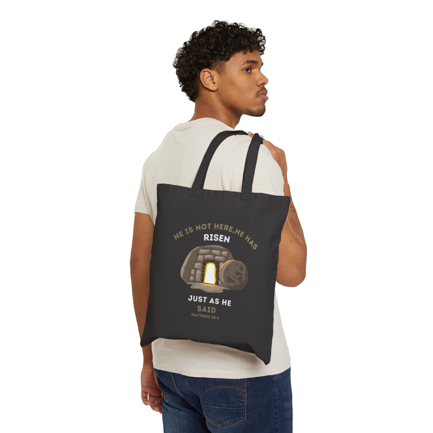 He Has Risen – Matthew 28:6 Christian Canvas Tote Bag | Empty Tomb Rolled Away Tombstone Design