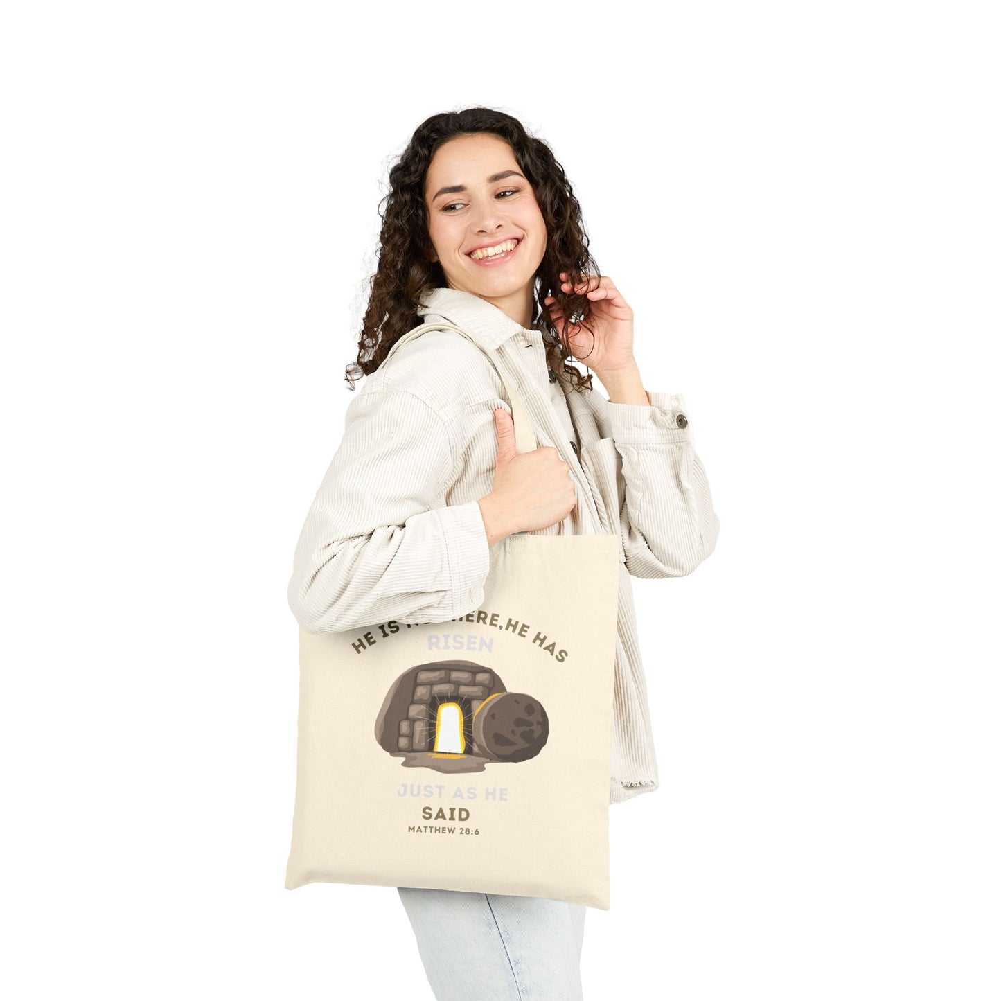 He Has Risen – Matthew 28:6 Christian Canvas Tote Bag | Empty Tomb Rolled Away Tombstone Design