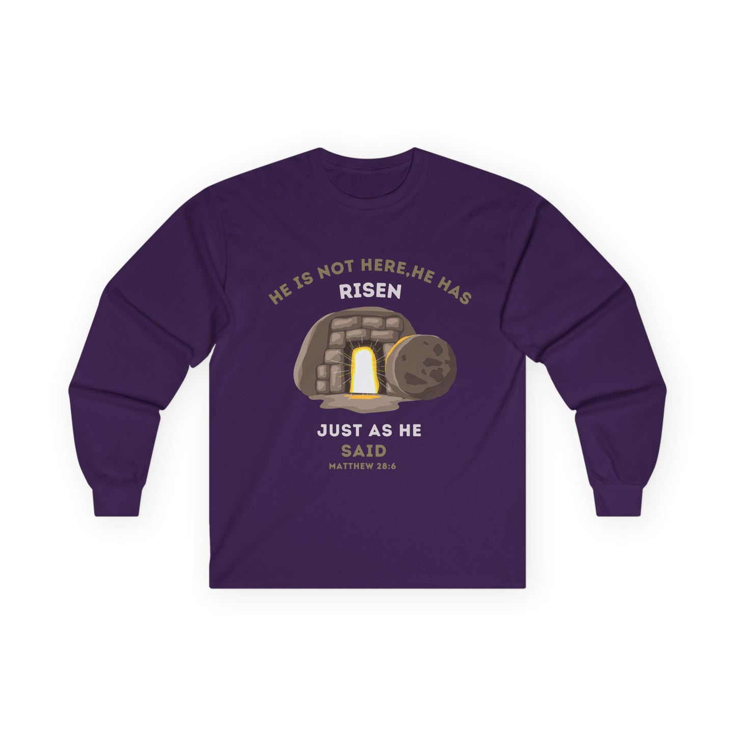 He Has Risen Christian Long Sleeve Shirt – Bible Verse Matthew 28:6 – Unisex Faith Tee