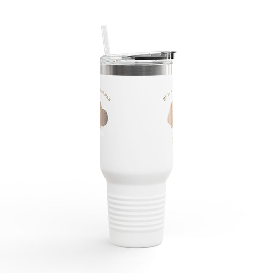 40oz insulated travel mug with “He Is Not Here. He Has Risen” and an empty tomb with the stone rolled away.
