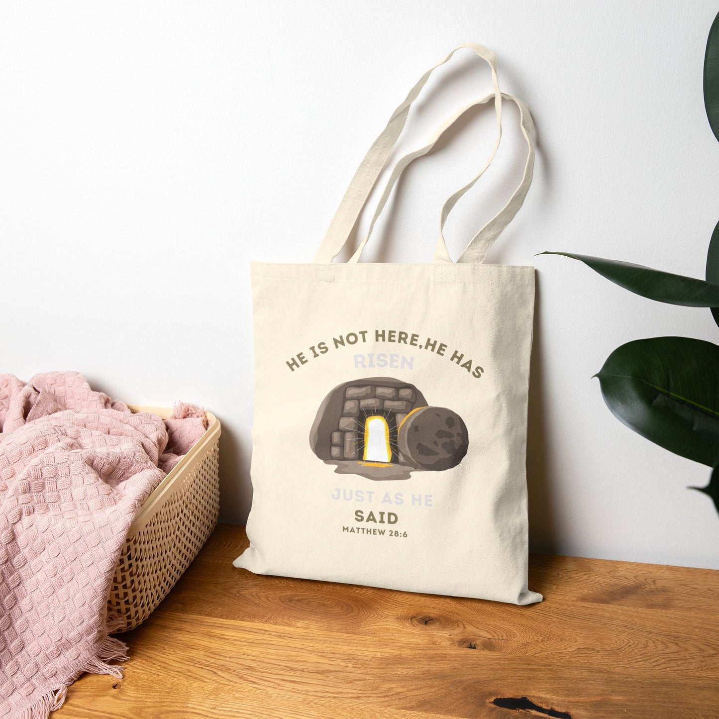 He Has Risen – Matthew 28:6 Christian Canvas Tote Bag | Empty Tomb Rolled Away Tombstone Design