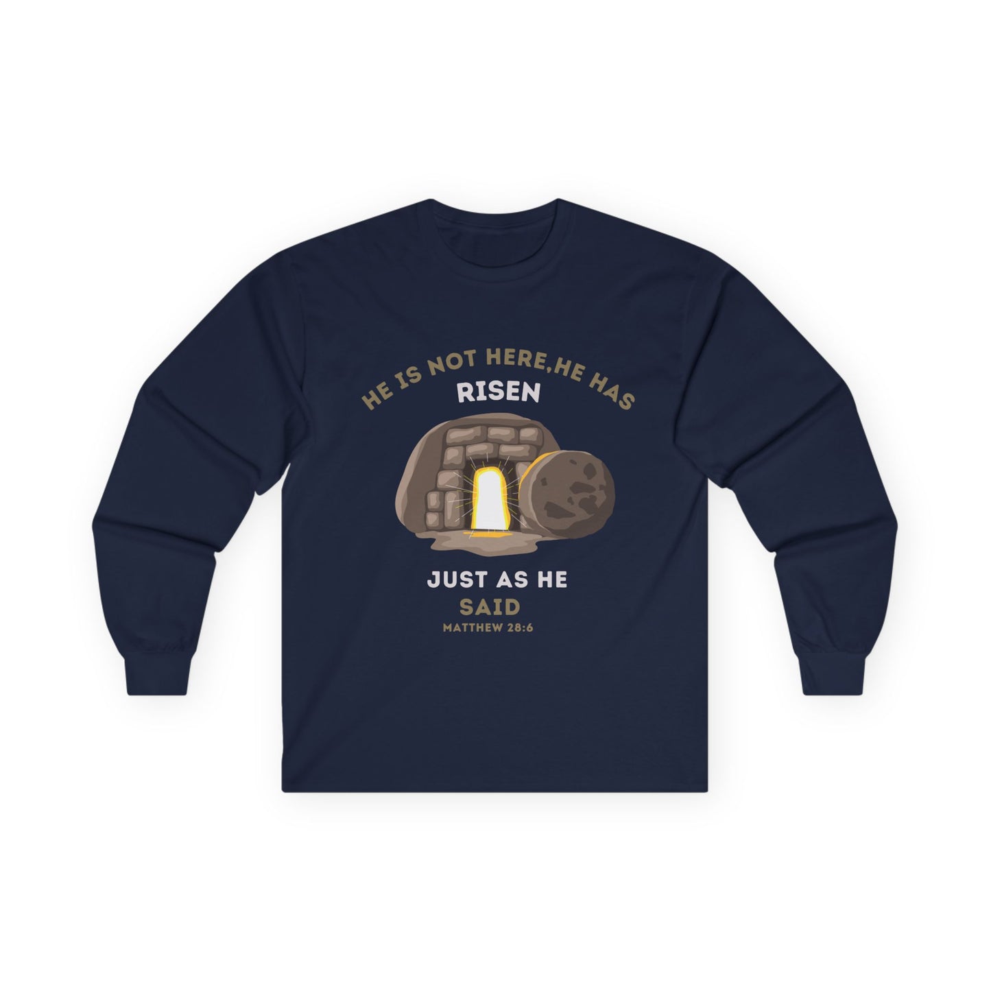He Has Risen Christian Long Sleeve Shirt – Bible Verse Matthew 28:6 – Unisex Faith Tee