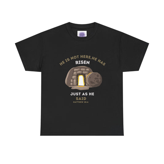 He Has Risen – Matthew 28:6 Unisex Heavy Cotton Christian T-Shirt