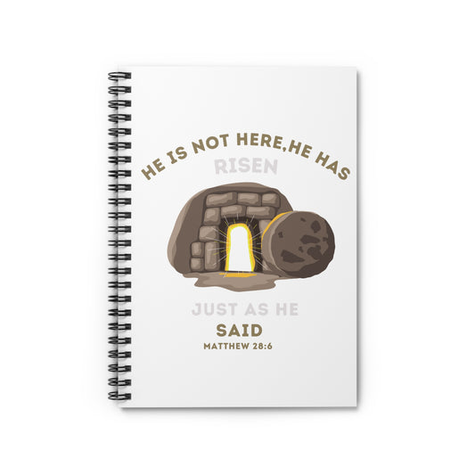 He Has Risen – Matthew 28:6 Spiral Christian Notebook | Rolled Away Tombstone Design